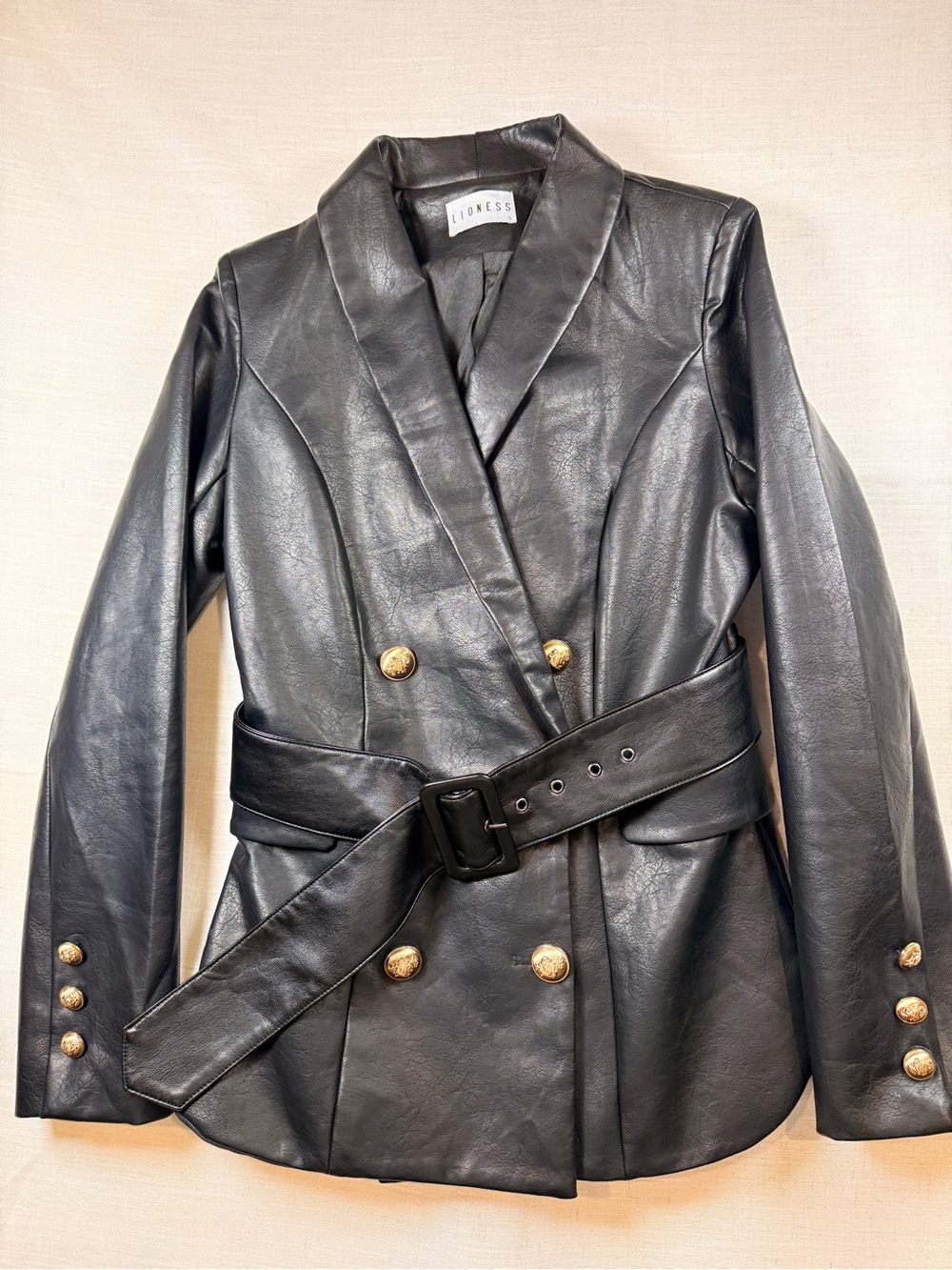 Lioness Black Faux Leather Double-Breasted Blazer with Gold Buttons